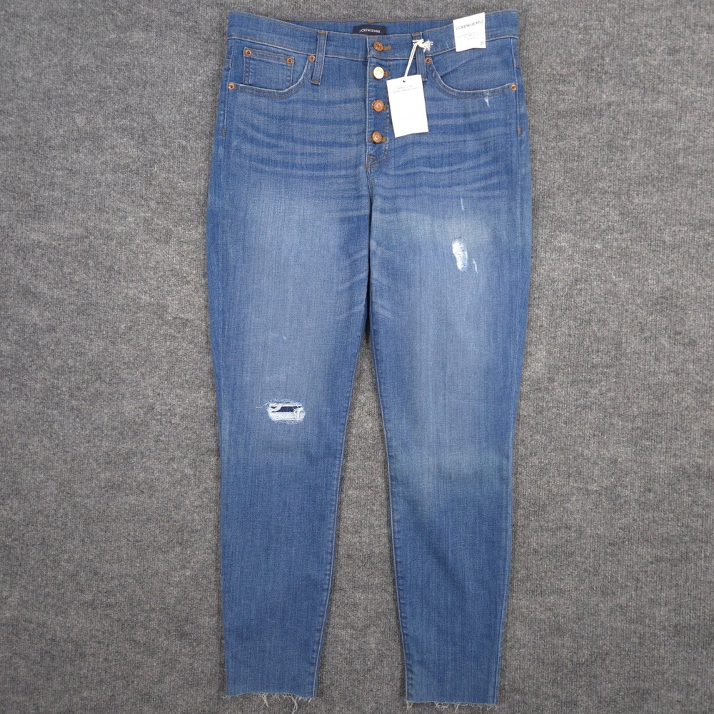 J Crew Jeans Womens 31 Blue High Rise Toothpick Button Fly Distressed Denim NEW